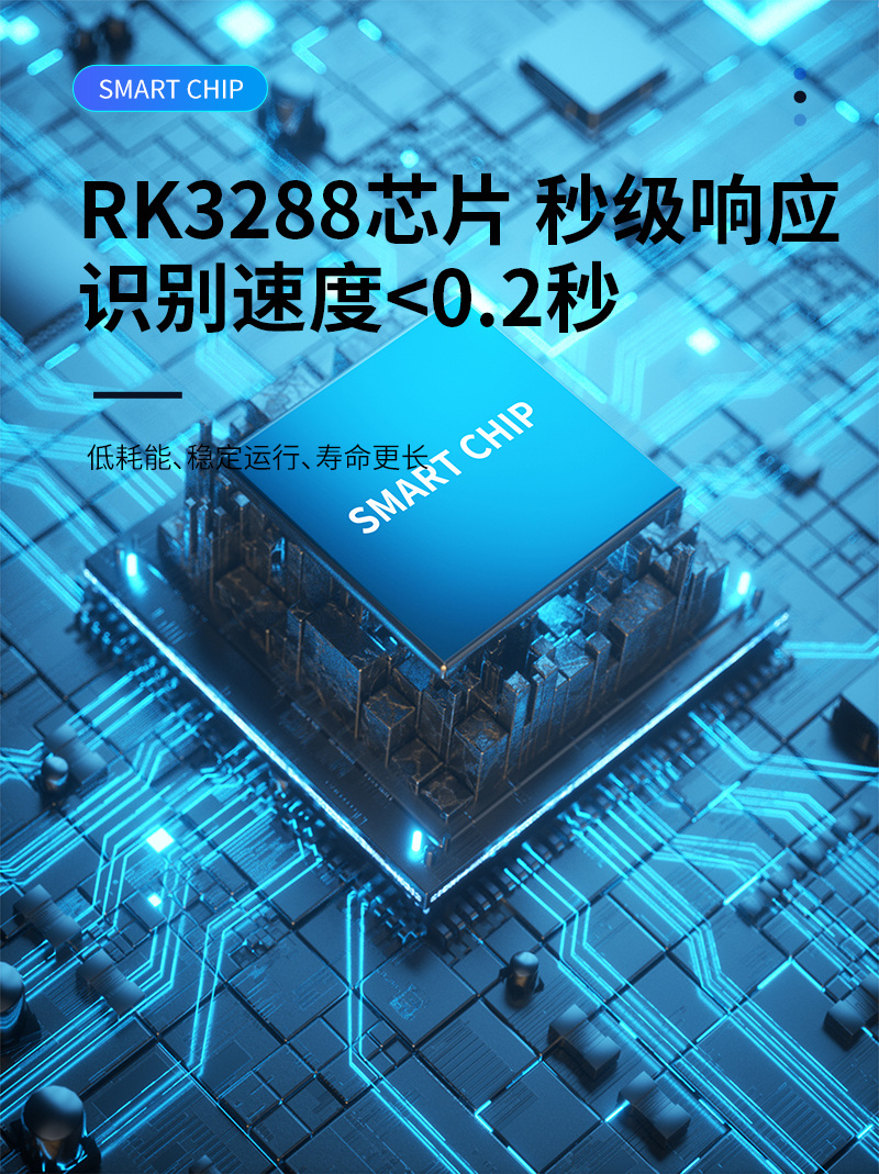 RK3288芯片,秒級(jí)響應(yīng),識(shí)別速度<0.2秒,低功耗、穩(wěn)定運(yùn)行、壽命長(zhǎng)