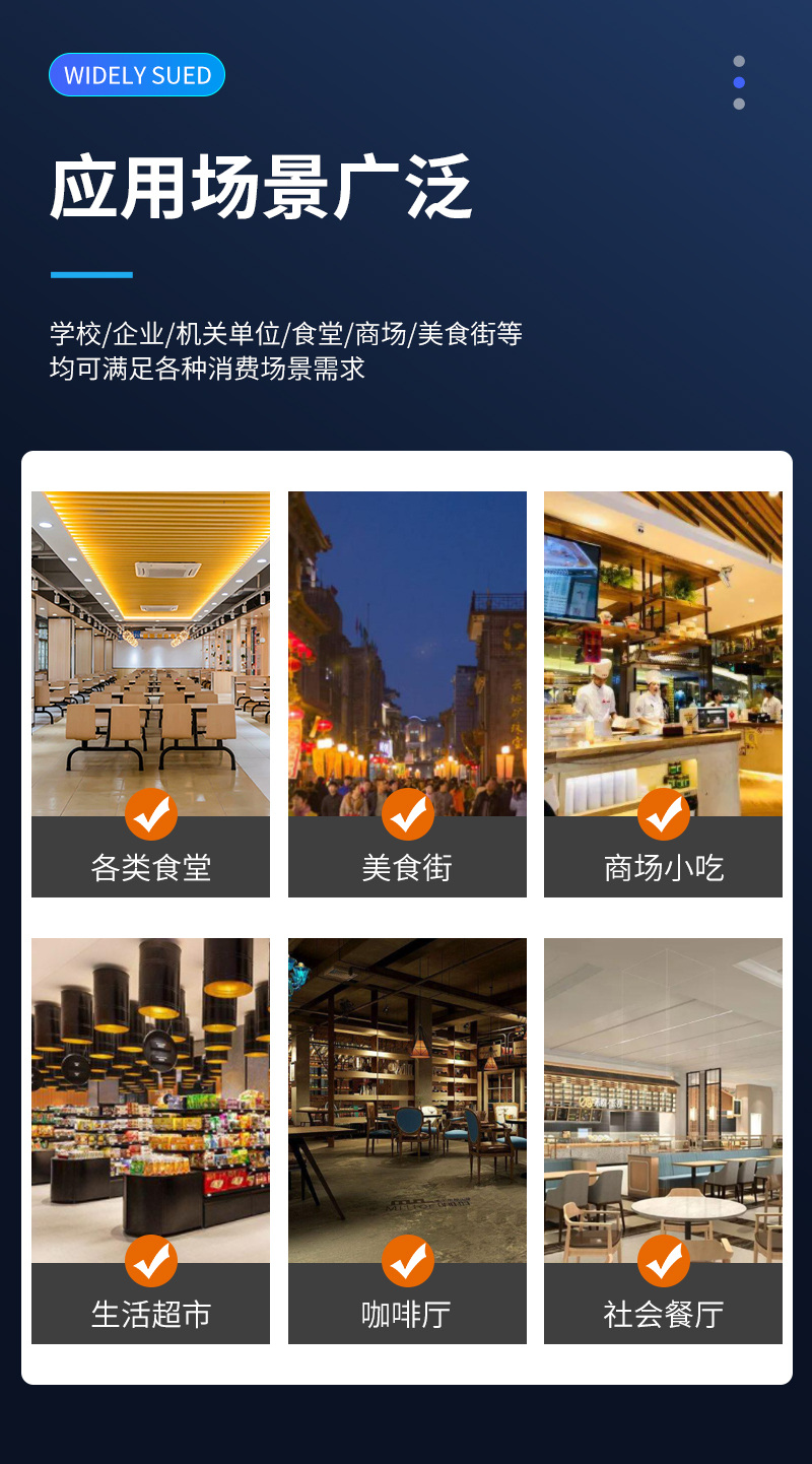 應(yīng)用場(chǎng)景廣泛,學(xué)校、企業(yè)、機(jī)關(guān)單位、食堂、商場(chǎng)、美食街等,均可滿足各類消費(fèi)場(chǎng)景需求