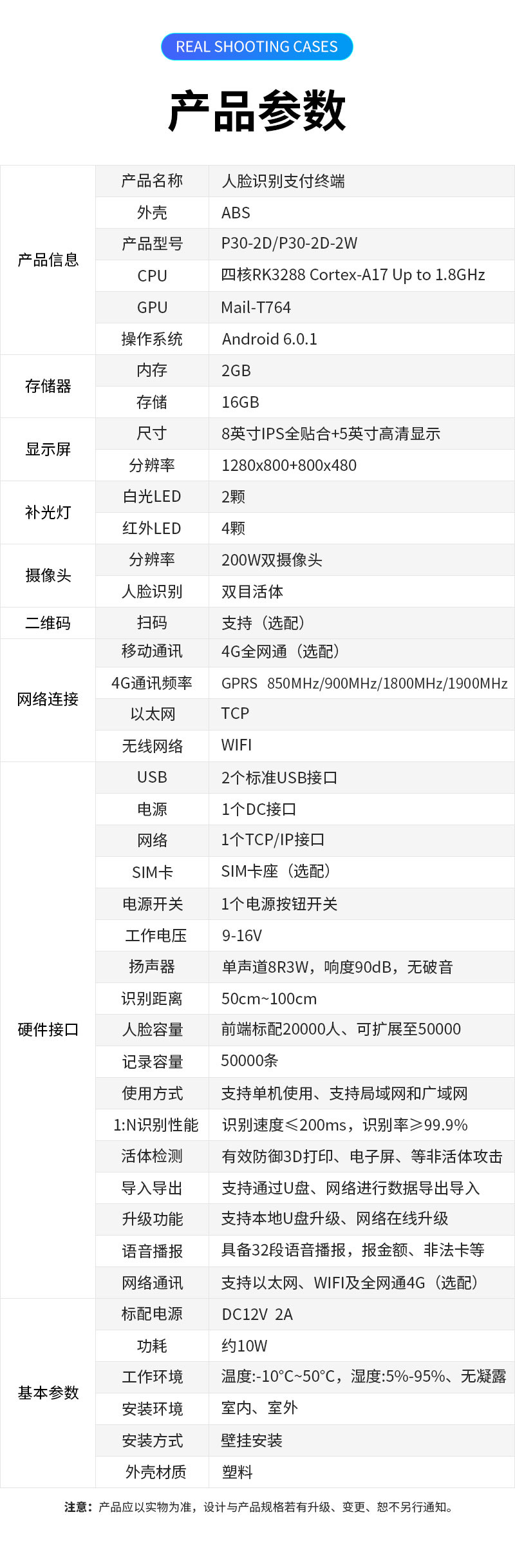產(chǎn)品參數(shù),產(chǎn)品名稱：人臉識(shí)別支付終端,外殼：ABS塑料,產(chǎn)品型號(hào)：P30-2D/P30-2D-2W,CPU：四核RK3288 Cortex-A17 Up to 1.8GHz,GPU：Mail-T764,操作系統(tǒng)：Android 6.0.1,內(nèi)存：2GB,存儲(chǔ)：16GB,顯示屏尺寸：8英寸IPS全貼合＋5英寸高清顯示,分辨率：1280×800＋800×480,補(bǔ)光燈:白光LED2顆,紅外LED	4顆,攝像頭分辨率：200W雙目攝像頭,人臉識(shí)別：雙目活體，二維碼：掃碼支持（選配）,網(wǎng)絡(luò)連接移動(dòng)通訊：4G全網(wǎng)通（選配）,4G通訊頻率：GPRS?850MHz?/900MHz?/1800MHz?/1900MHz,以太網(wǎng)：TCP,無(wú)線網(wǎng)絡(luò)：WIFI,硬件接口USB：2個(gè)標(biāo)準(zhǔn)USB接口,電源：1個(gè)DC接口,網(wǎng)絡(luò)：1個(gè)TCP/IP接口,SIM卡:SIM卡座（選配）,電源開(kāi)關(guān)：1個(gè)電源按鈕開(kāi)關(guān),工作電壓：9-16V,揚(yáng)聲器：?jiǎn)温暤?R3W，響度90dB，無(wú)破音,識(shí)別距離：50cm～100cm ,人臉容量：前端標(biāo)配20000人、可擴(kuò)展至50000，支持超大容量后端識(shí)別,記錄容量：50000條,使用方式：支持單機(jī)使用、支持局域網(wǎng)和廣域網(wǎng),1:N識(shí)別性能：識(shí)別速度≤200mS，識(shí)別率≥99.9%,活體檢測(cè)：有效防御3D打印、電子屏、視頻、圖片、面具等非活體攻擊,導(dǎo)入導(dǎo)出：支持通過(guò)U盤、網(wǎng)絡(luò)進(jìn)行數(shù)據(jù)及參數(shù)導(dǎo)入導(dǎo)出,升級(jí)功能：支持本地U盤升級(jí)、網(wǎng)絡(luò)在線升級(jí),語(yǔ)音播報(bào)：具備32段語(yǔ)音播報(bào)，報(bào)金額，報(bào)限次，報(bào)非法卡等,網(wǎng)絡(luò)通訊：支持以太網(wǎng)、WIFI及全網(wǎng)通4G（選配）, 基本參數(shù)標(biāo)配電源：DC12V 2A,功耗：約10W,工作環(huán)境：溫度：-10℃～50℃，濕度：5％-95％、無(wú)凝露,安裝環(huán)境：室內(nèi)、室外,安裝方式：壁掛安裝,外殼材質(zhì)：塑料,注意：產(chǎn)品應(yīng)以實(shí)物為準(zhǔn)，設(shè)計(jì)與產(chǎn)品規(guī)格若有升級(jí)、變更，恕不另行通知。